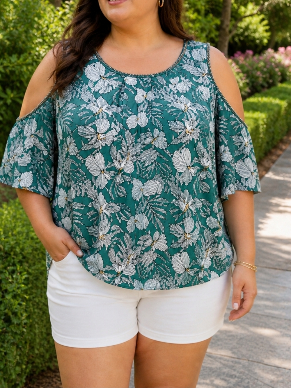 Max Studio Green Floral Cold Shoulder Blouse Boho Chic Flowy Top Summer Resort
